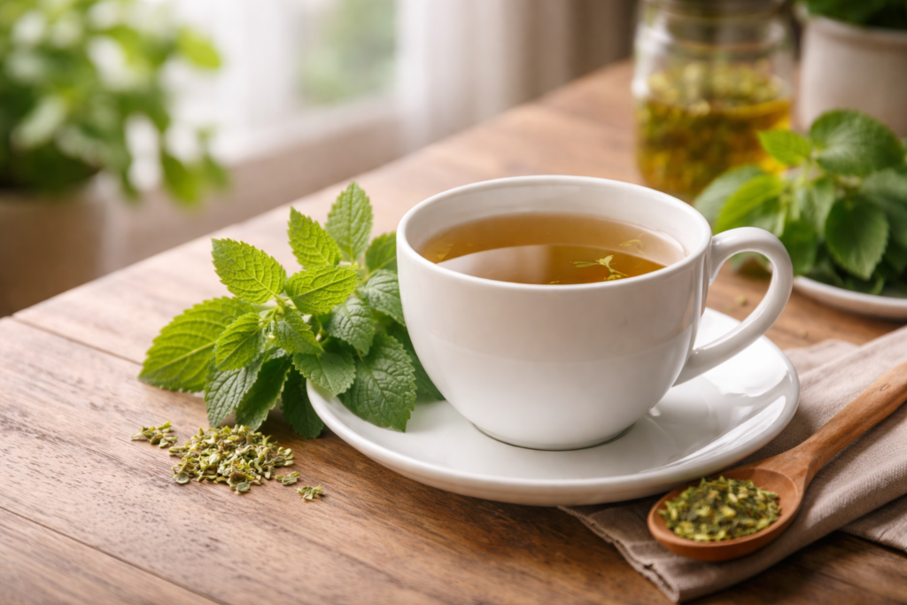 Imagem para ilustrar se erva-cidreira tem contraindicações, sobre uma mesa de madeira uma xícara de porcelana branca com chá, ao lado folhas frescas e secas de erva cidreira.
