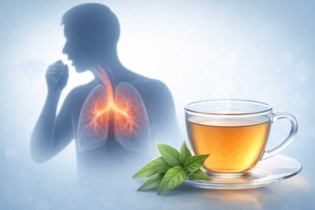 Imagem ilustrando o guaco para tosse, em uma lateral mais a frente uma xícara de vidro com chá e ao lado algumas folhas frescas de guaco, na outra lateral, uma silhueta de uma pessoa tossindo com a mão próxima da boca e em destaque de vermelho os pulmões e vias respiratórias,