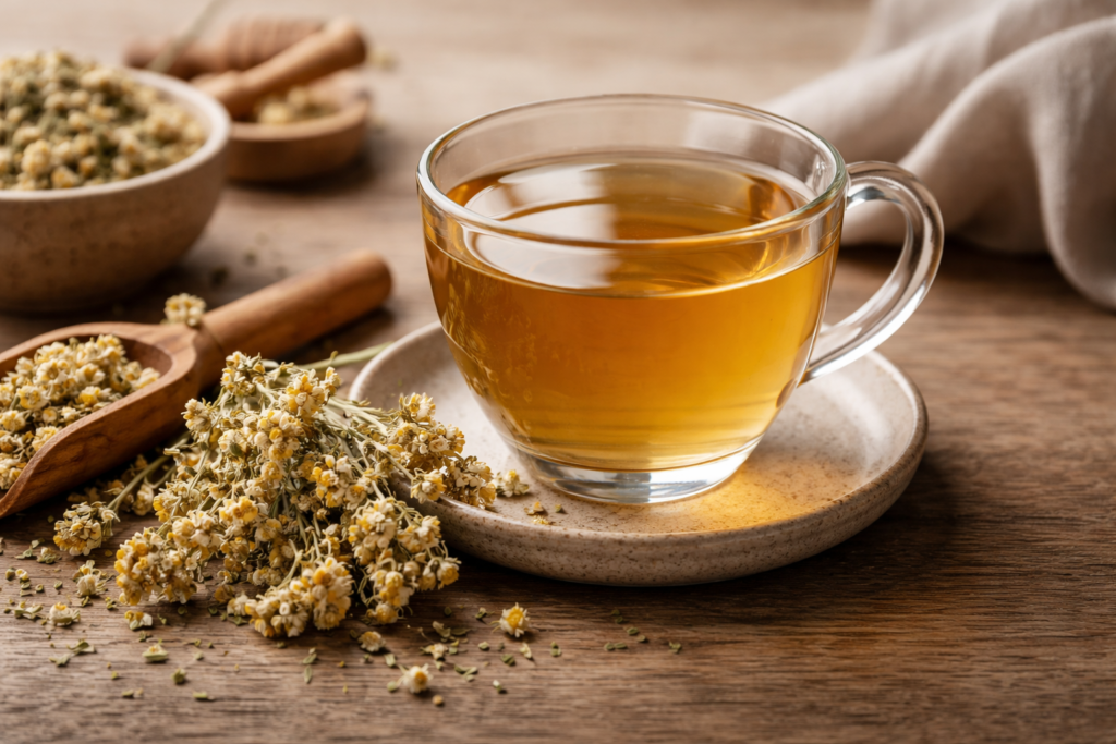 Imagem para ilustrar se marcela tem contraindicações, sobre uma mesa de madeira uma xícara de vidro com chá, ao lado flores secas de marcela.