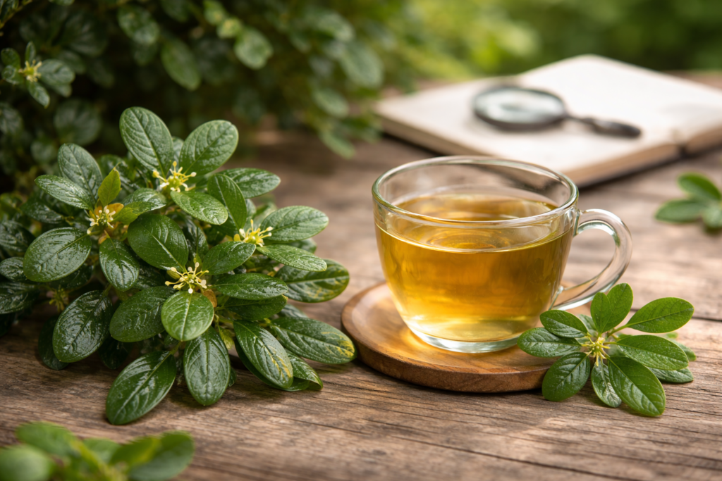 Imagem para representar se pode tomar boldo todo dia, sobre uma mesa de madeira uma xícara de vidro com chá ao lado folhas frescas de boldo do chile.