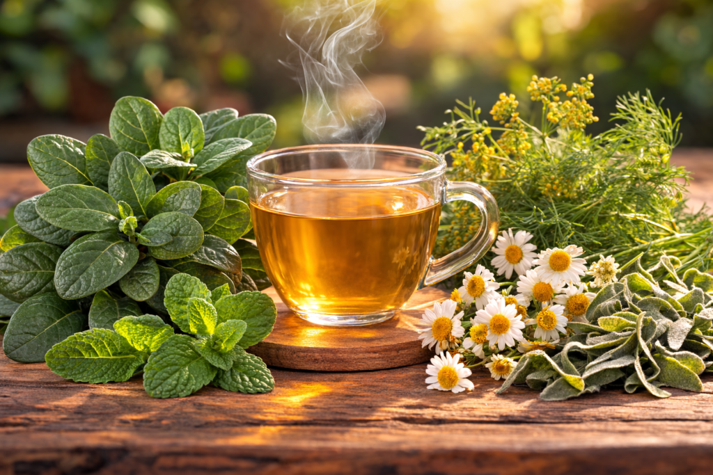 Sobre uma mesa rústica uma xícara com chá no centro  e dos lados folhas frescas de boldo e outras ervas digestivas com camomila, erva doce e hortelã.