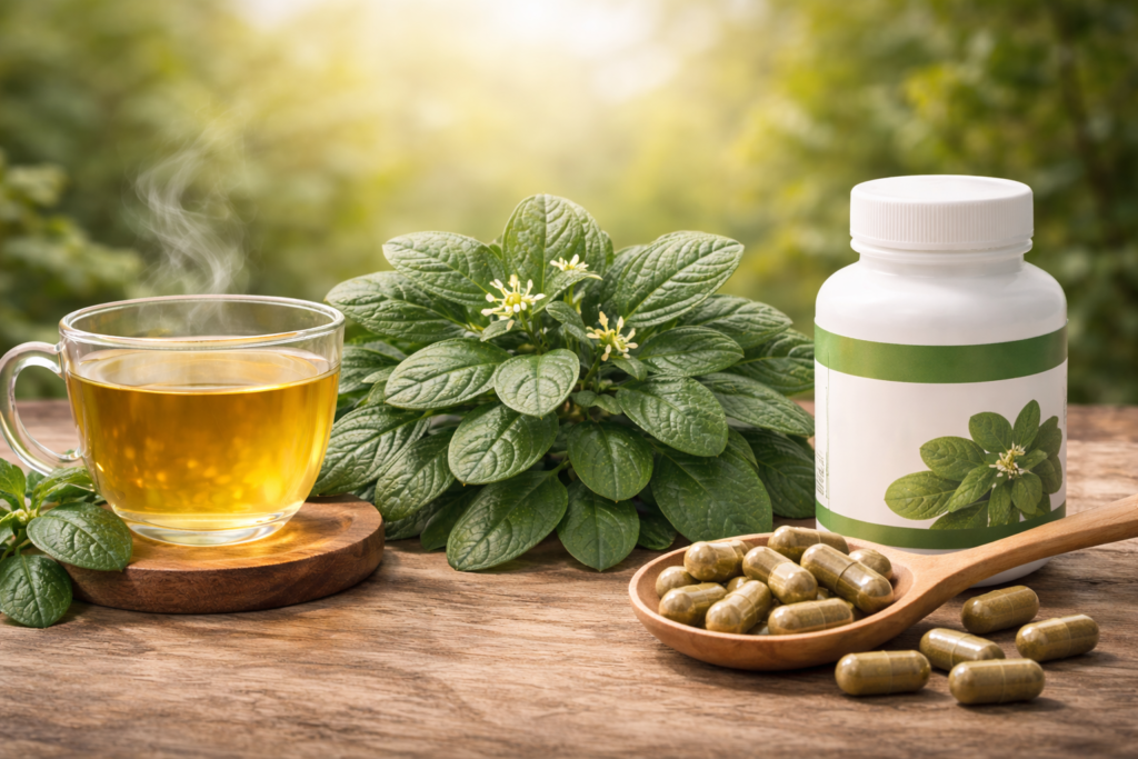 Sobre uma mesa de madeira uma xícara de vidro com chá ao lado de folhas frescas de boldo do chile, do outro lado um pote branco de cápsulas e uma colher de madeira cheia de cápsulas e algumas espalhadas na mesa para representar se boldo em cápsulas funciona mesmo.