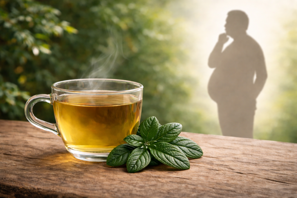 Sobre uma mesa rústica de madeira uma xícara de vidro com chá fumegante ao lado de folhas frescas de boldo, ao lado uma silhueta de um homem gordo com a mão no queixo como se estivesse pensando: será que boldo emagrece mesmo?