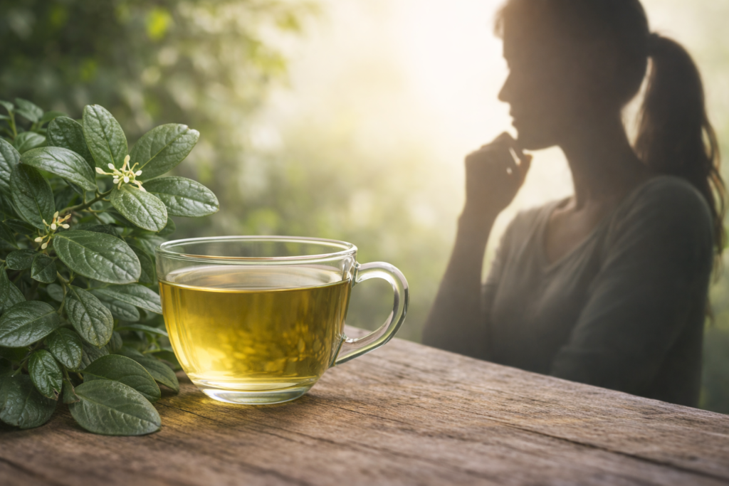 Sobre uma mesa de madeira uma xícara de vidro com chá ao lado de folhas frescas de boldo do chile, mais ao fundo uma mulher com a mão no queixo e pensando se chá de boldo faz mal,