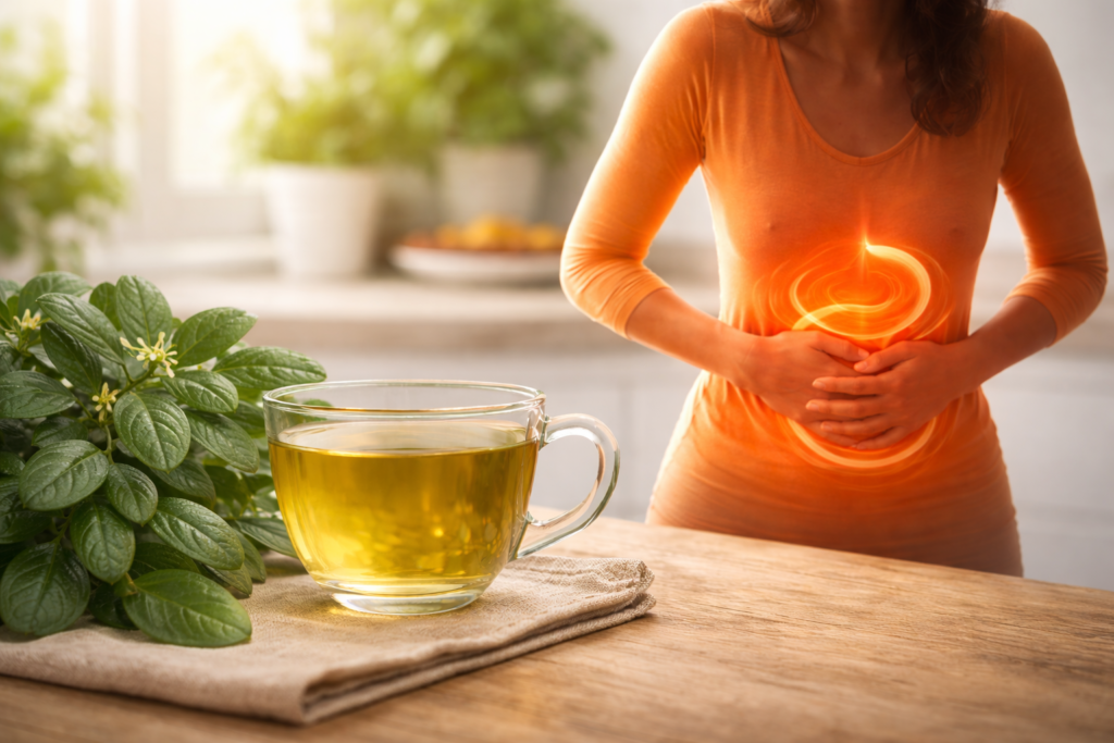 Sobre uma mesa de madeira uma xícara de vidro com chá ao lado de folhas frescas de boldo do chile, ao lado uma silhueta de uma mulher com as mãos sobre a barriga com destaques em vermelho para representar assim o boldo para digestão lenta.