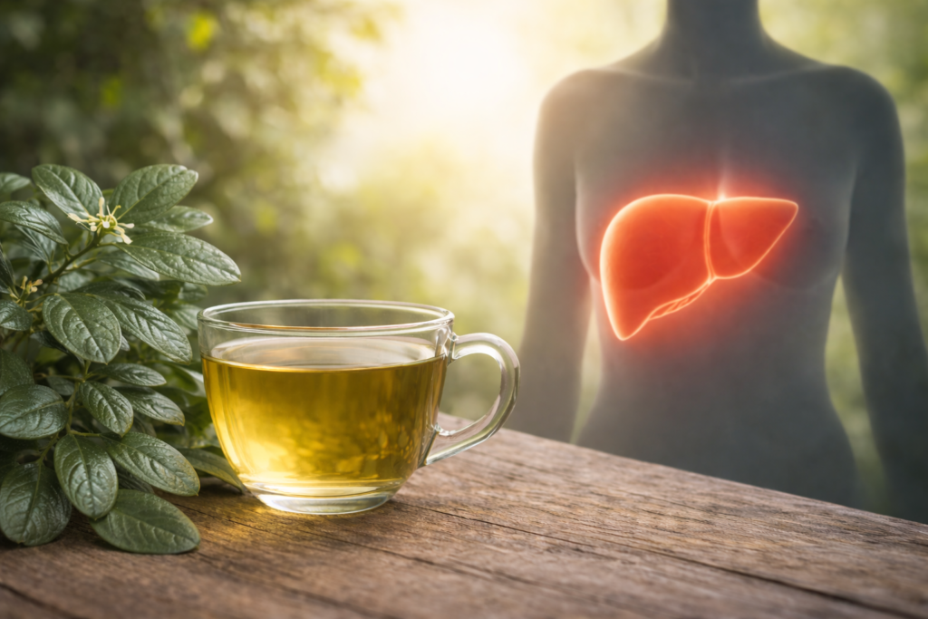 Sobre uma mesa rústica de madeira uma xícara de vidro com chá ao lado de folhas frescas de boldo do chile, ao fundo na lateral uma silhueta humana com destaque para o fígado, representando assim o boldo para fígado.