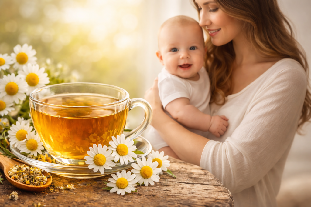 Na esquerda sobre uma mesa de madeira uma xícara de vidro com chá e ao redor flores de camomila, na direita uma mulher segurando nos braços um bebê representando assim se camomila para bebê é segura.