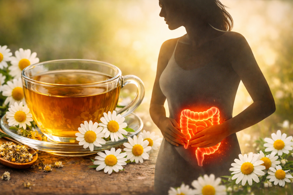 Na esquerda sobre uma mesa de madeira uma xícara de vidro com chá e ao redor flores frescas e secas de camomila, na direita uma silhueta de uma mulher com destaque para o intestino para representar a camomila para cólica intestinal e menstrual.