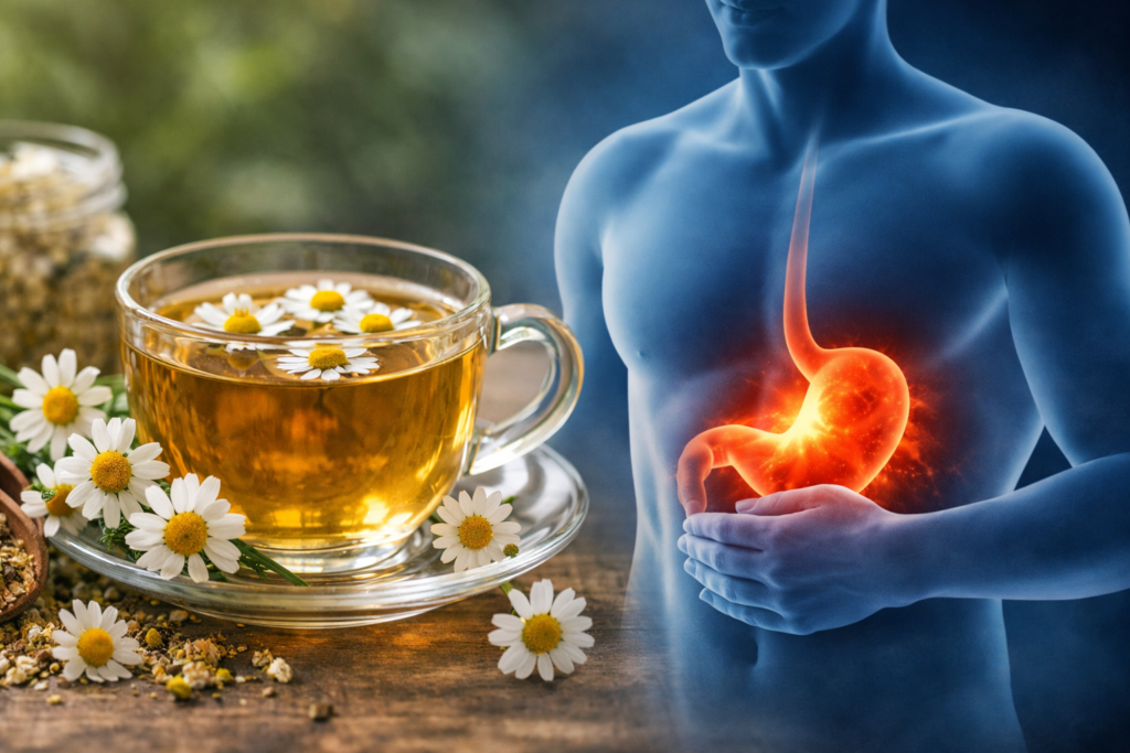 A esquerda da imagem sobre uma mesa de madeira uma xícara de vidro com chá e dentro a ao redor flores frescas e secas de camomila, na direita uma silhueta de um homem com destaque em vermelho para o estômago representando assim camomila para o estômago.