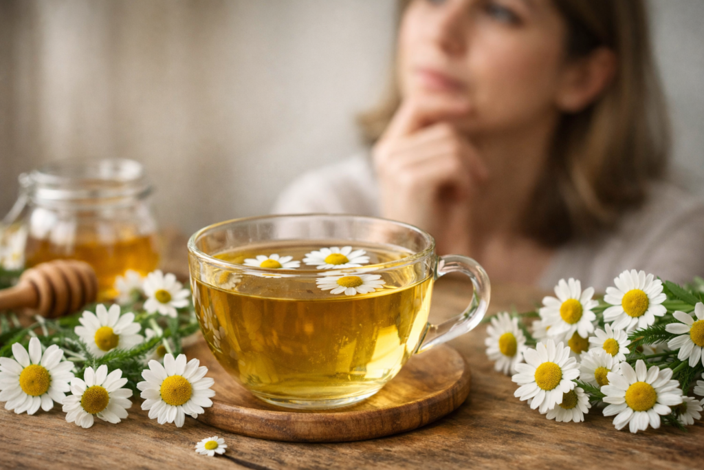 Sobre uma mesa de madeira uma xícara de vidro com chá e dentro e por volta flores de camomila, mais ao fundo uma mulher pensativa com a mão no queixo para representar se camomila pode fazer mal.