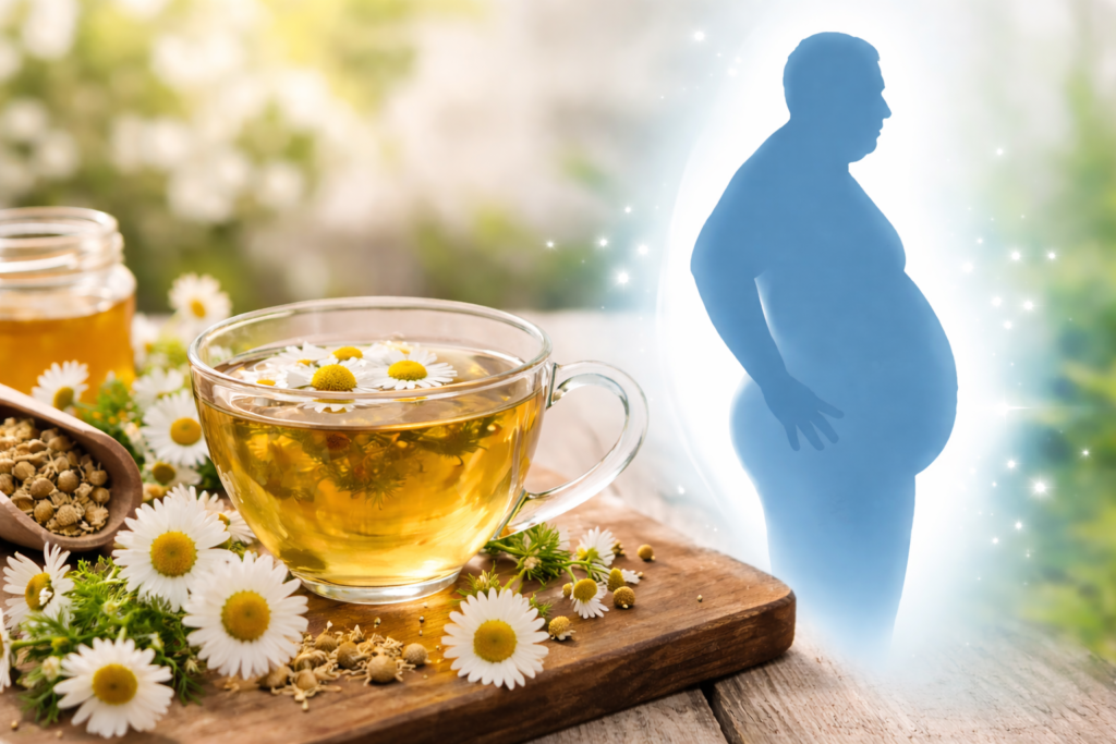Imagem para ilustrar se chá de camomila emagrece, uma xícara de vidro com chá e várias flores frescas e secas por volta, ao lado uma silhueta de um homem obeso.