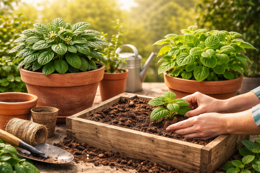 Imagem mostrando duas mãos plantando uma muda boldo numa caixa de madeira com terra, algumas ferramentas e vasos vazios do lado e uns vasos maiores com boldo do chile e outras ervas medicinais para representar como cultivar boldo em casa.