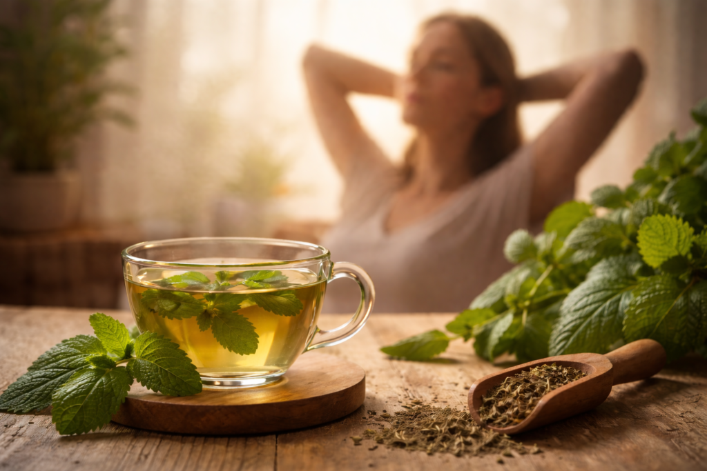 Imagem para representar se a erva-cidreira é calmante, a frente em uma mesa de madeira com uma xícara de vidro com e várias folhas frescas e secas de erva cidreira por volta, ao fundo uma mulher com as mãos cruzadas atrás da cabeça tentando relaxar em um ambiente bem aconchegante e tranquilo.