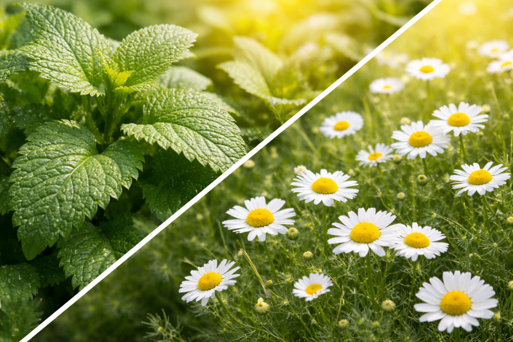 Imagem dividida na diagonal onde na parte superior esquerda está uma planta de erva cidreira com suas folhas verdes, grossas e cheia de nervuras, na parte inferior direita estão plantas de camomila com suas pequenas folhas picotadas verdes e com várias flores de miolo amarelo e pequenas pétalas brancas, representando assim se erva-cidreira ou camomila é melhor para relaxar. 