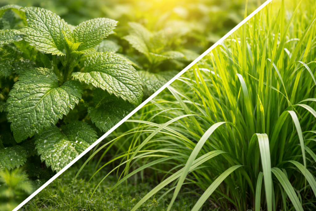 Imagem dividida na diagonal onde na parte superior esquerda está uma planta de erva cidreira com suas folhas arredondadas verdes e cheias de nervuras, na parte inferior direita está uma planta de capim limão com suas folhas longas e estreitas de cor verde, representando assim a diferença e escolhas entre erva-cidreira e capim-limão.