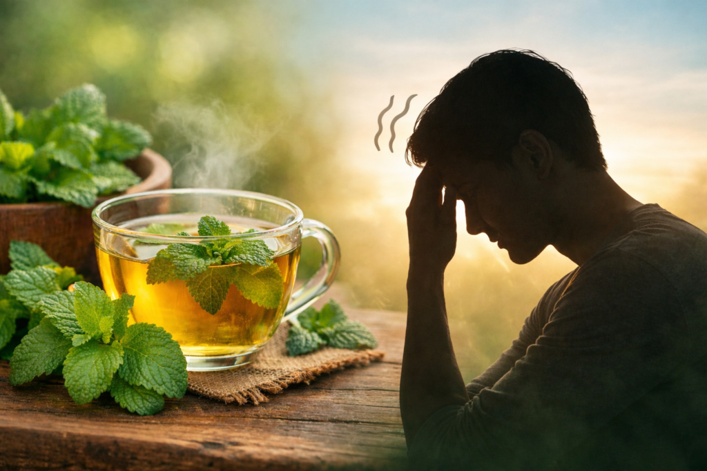 Imagem ilustrando se erva-cidreira para ansiedade funciona, na esquerda sobre uma mesa de madeira uma xícara de vidro com chá e dentro e por volta várias folhas frescas de erva cidreira, na direta a silhueta de um homem com a mão na cabeça representando a tensão e ansiedade.