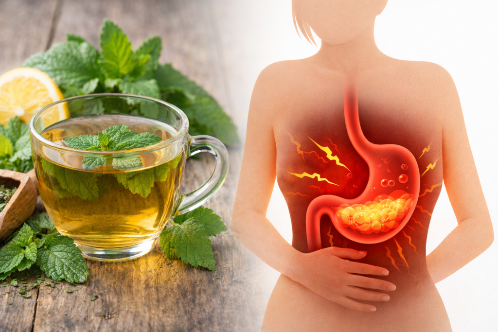 Na esquerda da imagem uma xícara de vidro com chá e algumas folhas frescas de erva cidreira dentro da xícara e por volta, na direita uma silhueta de um corpo humano com destaque em vermelho para o estômago, representando a erva-cidreira para má digestão. 
