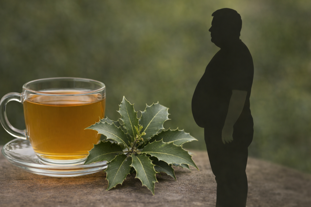 Na esquerda da imagem uma xícara de vidro com chá e ao lado folhas frescas de espinheira santa e a direita da imagem uma silhueta de um homem gordo para representar se espinheira santa emagrece.