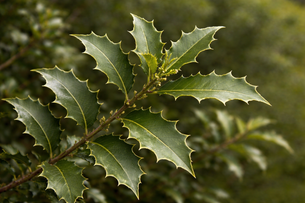 Imagem de um pequeno galho de espinheira-santa verdadeira, com folhas verde escuras com pequenos espinhos nas bordas.