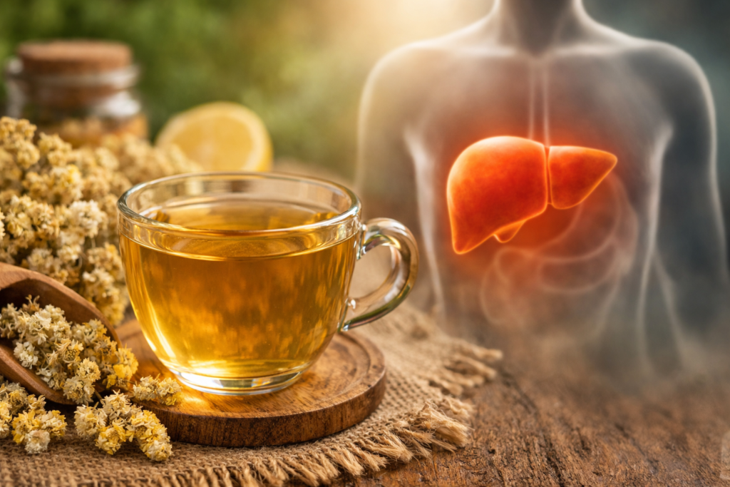 Imagem representando se marcela é bom para o fígado, a esquerda uma xícara de vidro com chá e ao lado várias flores secas de marcela, mais a direita um silhueta de um corpo humano com destaque para o fígado.