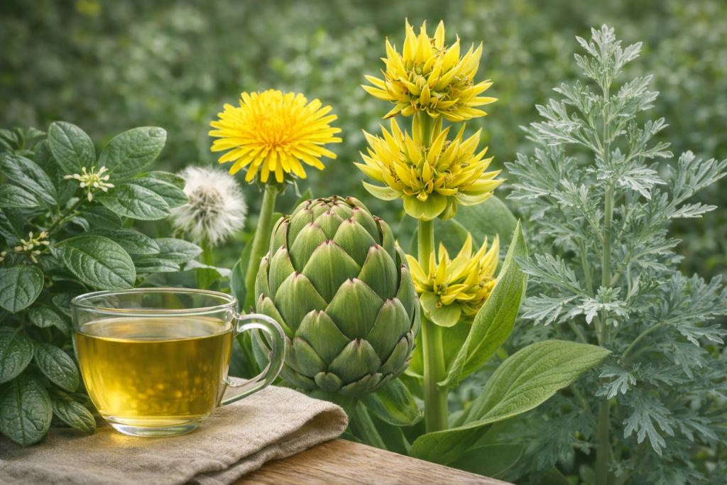 Sobre o canto de uma mesa de madeira uma xícara de vidro com chá e mais ao lado e ao fundo da esquerda para direita folhas frescas de boldo do chile, uma flor de dente de leão, um cálice de alcachofra, um haste com flores de genciana e uma planta de losna, representando assim plantas amargas digestivas.