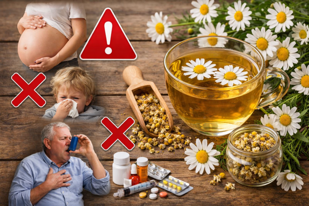 Imagem representando quem não deve usar camomila, na esquerda na parte superior uma mulher grávida próximo de um símbolo vermelho de atenção, no centro uma criança próxima de um X vermelho e na parte inferior um homem usando medicamentos e próximo dele vários frascos, potes, cartelas, seringas e comprimidos de remédios e um X vermelho indicando cuidado, a direita uma xícara de vidro com chá ao lado de várias flores frescas de camomila.