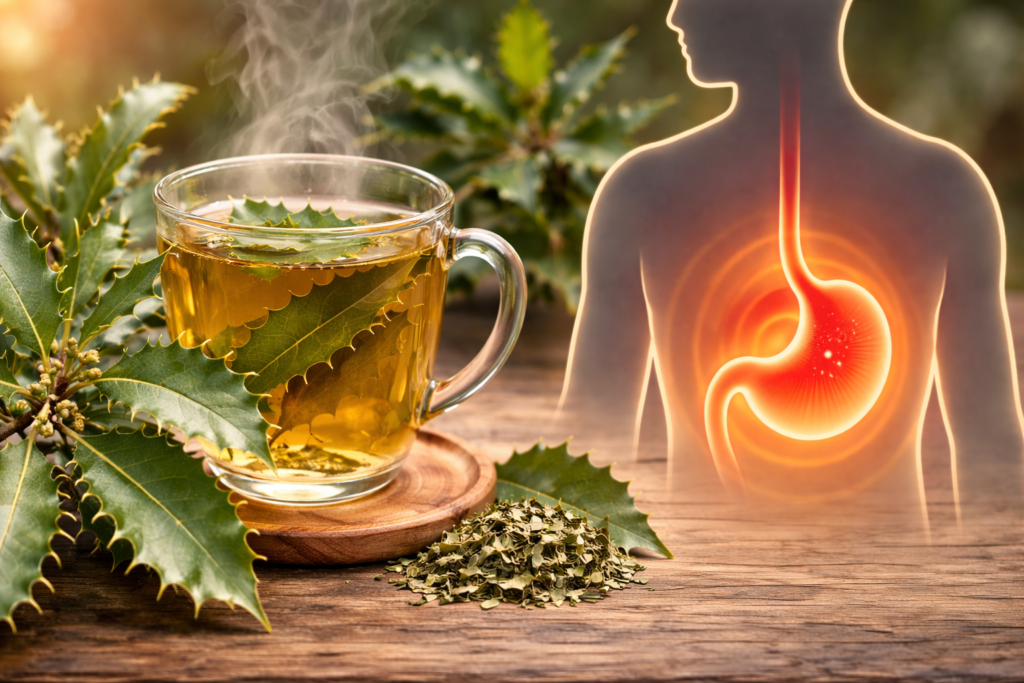 Sobre uma mesa de madeira uma xícara de vidro com chá ao lado de folhas frescas e secas de espinheira santa e ao lado uma silhueta humana com destaque em vermelho para o estômago para representar assim espinheira-santa para refluxo.