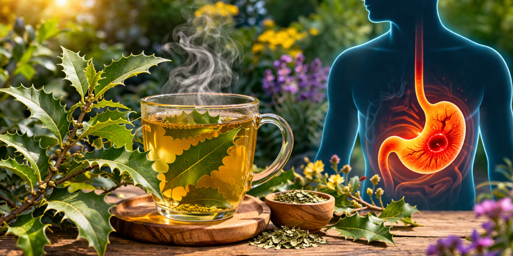 A frente sobre uma mesa de madeira uma xícara de vidro com chá e ao lado folhas frescas e secas de espinheira santa, ao lado uma silhueta humana com destaque em vermelho para representar espinheira santa pata úlcera, ao fundo uma paisagem de natureza verde com flores.