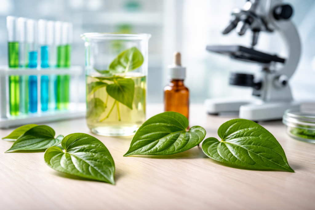 Sobre uma mesa de laboratório algumas folhas verdes e brilhantes de guaco, um frasco de vidro e um copo com guaco dentro para analise e mais ao fundo um microscópio e equipamentos de laboratório para representar se guaco tem comprovação científica.