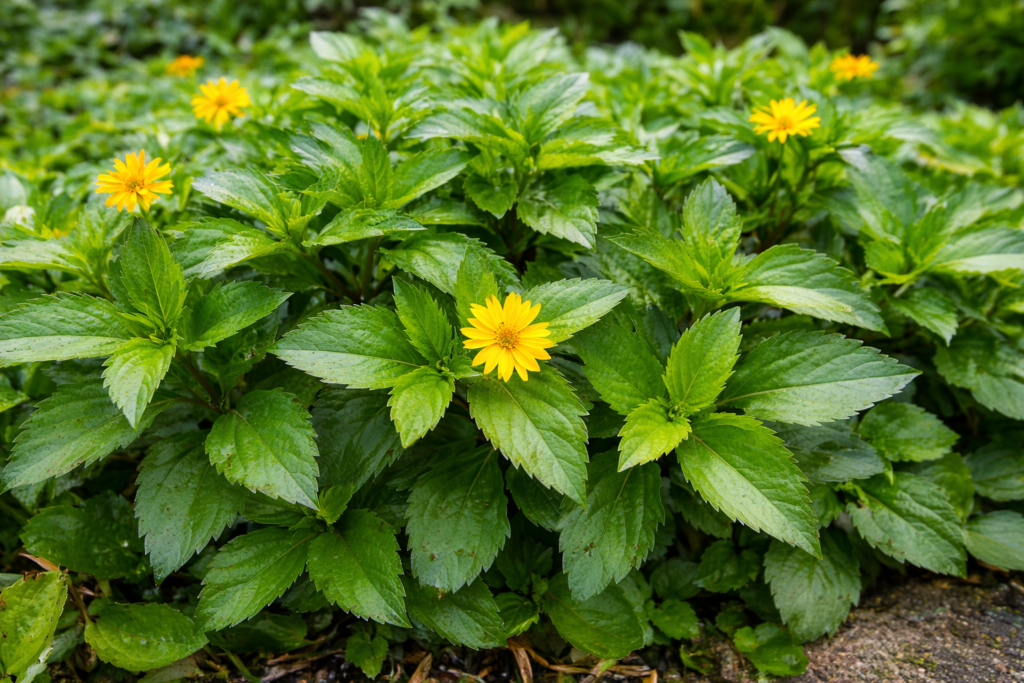 Plantas de picão da praia com suas folhas verdes e flores amarelas para mostrar assim como identificar o picão da praia verdadeiro.