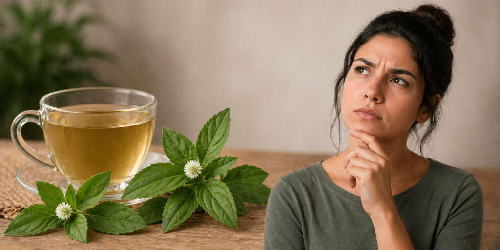 Sobre um mesa de madeira uma xícara de vidro com chá e na frente ramos frescos de erva botão com flores brancas e folhas verdes, ao lado uma imagem de uma mulher com a mão no queixo como que pensando se erva-botão funciona mesmo.