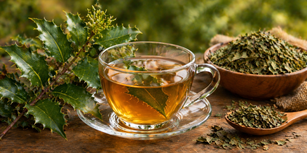 Sobre uma mesa de madeira uma xícara de vidro com chá de espinheira-santa e de um lado folhas frescas e de outro lado em um pote e uma colher de madeira folhas secas de espinheira santa.