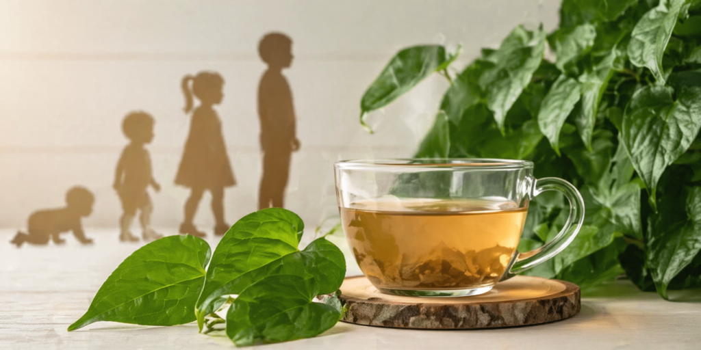 Imagem para ilustrar se chá de guaco pode ser usado por crianças, a frente uma xícara de vidro com chá e dos lados folhas frescas de guaco, ao fundo quatro silhuetas de crianças com quatro idades diferentes.