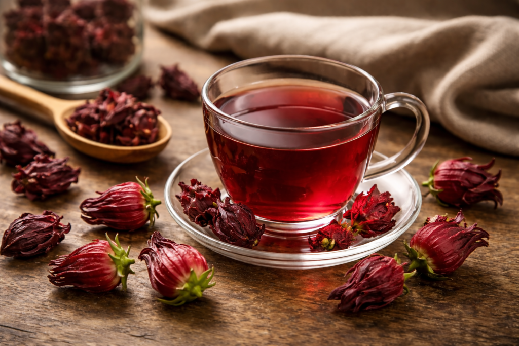 Sobre uma mesa de madeira uma xícara de vidro com chá de hibisco e ao redor vários cálices frescos e secos de hibisco.