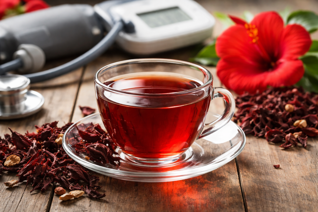 Sobre uma mesa de madeira uma xícara de vidro com chá e ao lado uma flor de hibisco e vários cálices de hibisco secos, mais ao fundo um medidor de pressão arterial para ilustrar se chá de hibisco ajuda a baixar a pressão.
