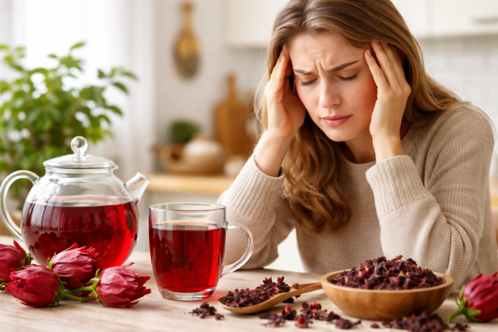 Em uma casa sobre uma mesa de madeira uma xícara de vidro e um bule de vidro com chá de hibisco ao lado de cálices frescos e secos de hibisco e uma mulher com as mãos na cabeça com uma aparência não muito boa para representar se chá de hibisco pode fazer mal.