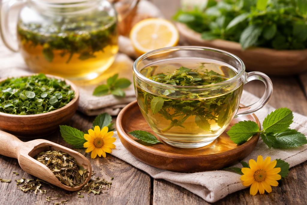 Sobre uma mesa de madeira rústica uma xícara de vidro com chá de picão da praia e ao redor flores amarelas folhas frescas e secas de picão da praia.