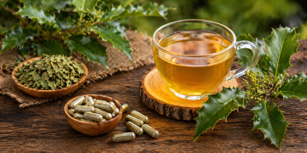 Sobre uma mesa de madeira uma xícara de vidro, um pote de madeira com cápsulas e outro pote com folhas secas e ao redor folhas frescas de espinheira santa, para representar cápsulas ou chá de espinheira-santa.