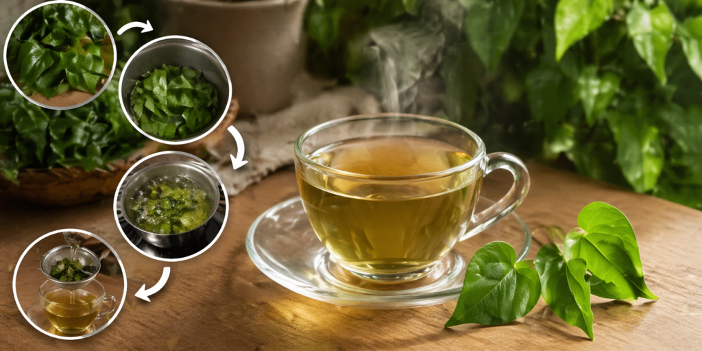 Sobre uma mesa de madeira uma xícara de vidro com chá de guaco e ao lado e ao fundo algumas folhas frescas de guaco, a esquerda em quatro círculos mostra o ciclo de preparo do chá sendo escolher as folhas, lavar, fazer infusão e coar.