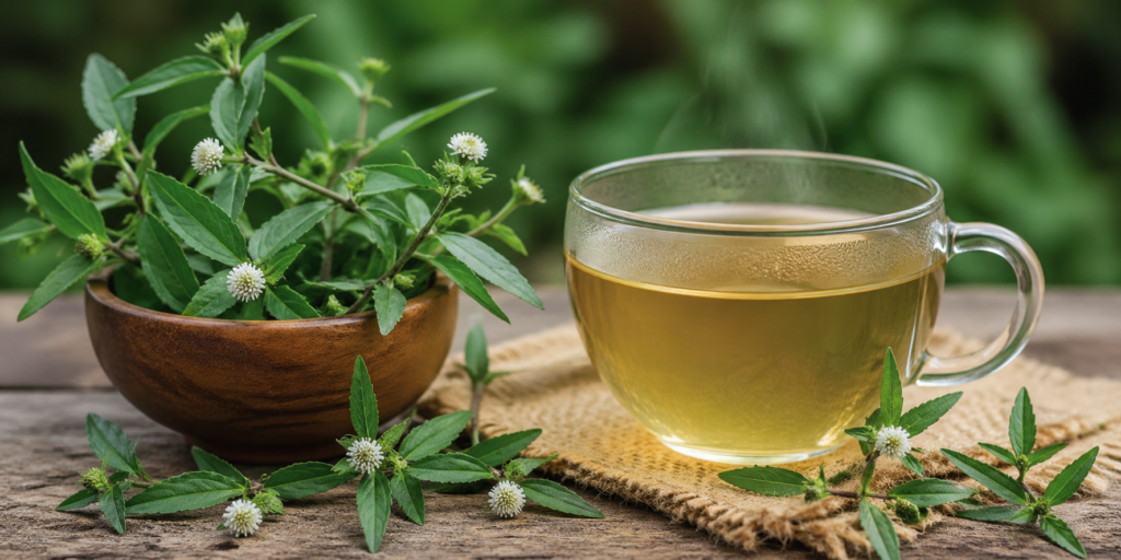 Sobre uma mesa de madeira uma xícara de vidro com chá de erva botão, ao lado a erva botão fresca com suas folhas verdes e pequenas flores brancas.