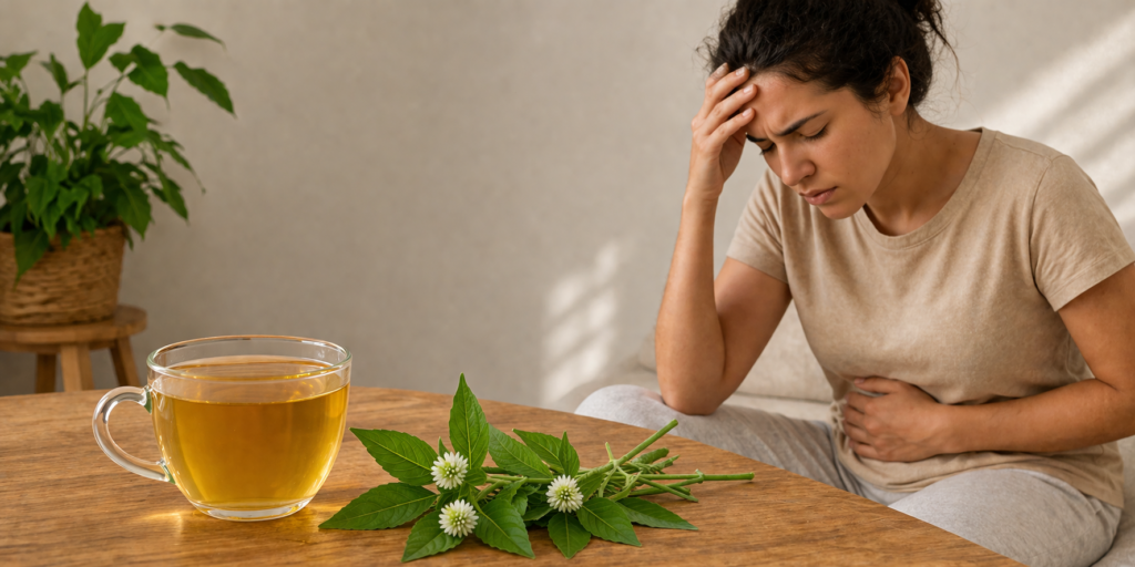 Imagem para ilustrar se erva botão faz mal, sobre uma mesa de madeira uma xícara de vidro com chá ao lado ramos de erva botão com folhas verdes e flores brancas, ao lado uma mulher com uma mão na cabeça e outra mão na barriga como que se estivesse passando mal.