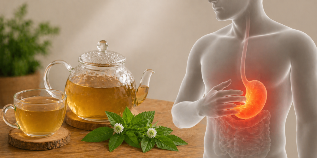 Imagem para ilustrar se erva-botão para gastrite funciona mesmo, com uma xícara de vidro com chá e na frente dois ramos de erva botão com folhas verdes e flores brancas, ao lado uma silhueta humana com destaque em vermelho para o estômago.