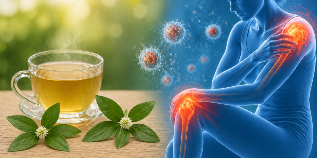 Imagem ilustrando o uso de erva botão para inflamação, sobre uma mesa de madeira uma xícara de vidro com chá e na frente dois ramos de erva botão frescas com suas folhas verdes e flores brancas, ao lado uma silhueta humana sentada com destaque em vermelho para região do ombro e joelho representando a inflamação.