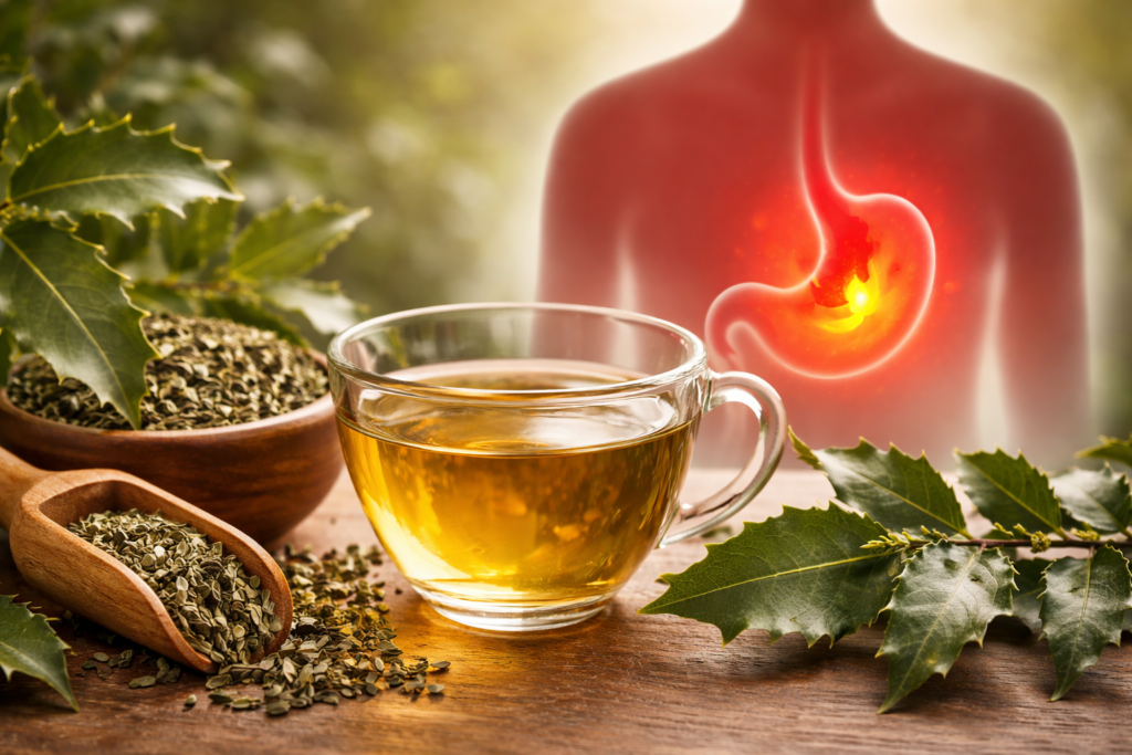 Sobre uma mesa de madeira uma xícara de vidro com chá e dos lados folhas frescas e secas de espinheira santa, ao fundo uma silhueta de um corpo humano com destaque em vermelho para o estômago para representar a espinheira-santa para gastrite.