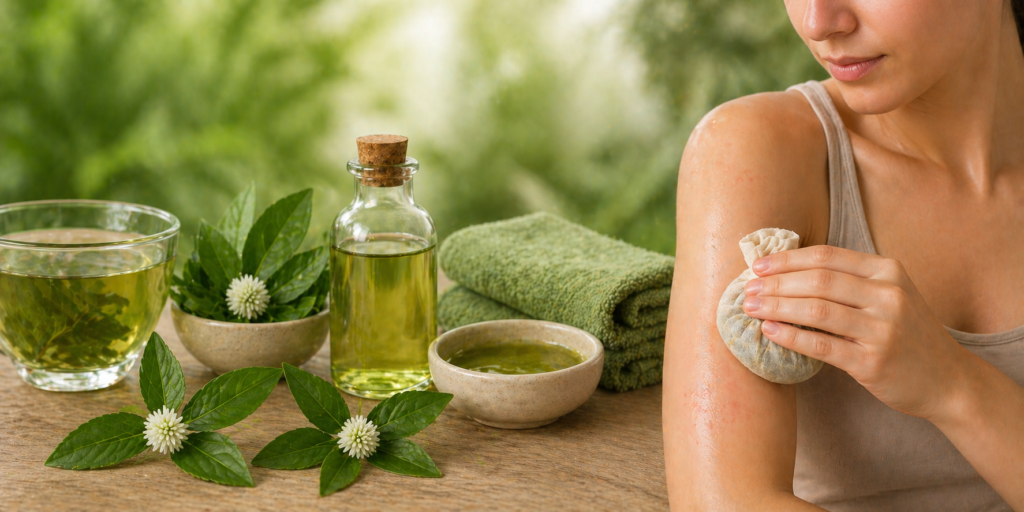 Imagem mostrando como usar erva  botão na pele, com preparados de chás e macerados de folhas frescas de erva botão eu uma mulher segurando um pano de compressa sobre o braço.