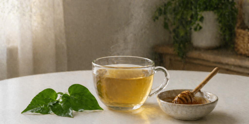 Sobre uma mesa branca uma xícara de vidro com chá, umas folas frescas de guaco e um pote com mel, para representar se guaco com mel funciona melhor.