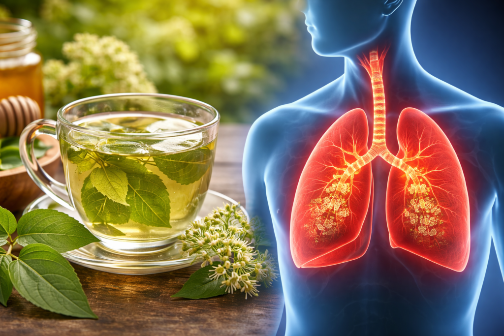 Na esquerda da imagem sobre uma mesa de madeira uma xícara de vidro com chá e folhas verdes frescas e algumas flores brancas de guaco, na direita uma silhueta humana com destaque em vermelho para os pulmões e garganta para representar assim se chá de guaco para bronquite funcina mesmo.
