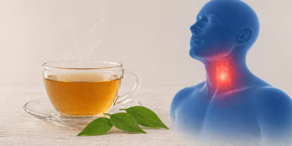 Imagem para ilustrar se guaco para garganta inflamada realmente funciona, com uma xícara de vidro com chá e ao lado algumas folhas frescas de guaco e uma silhueta humana com destaque em vermelho para a garganta.