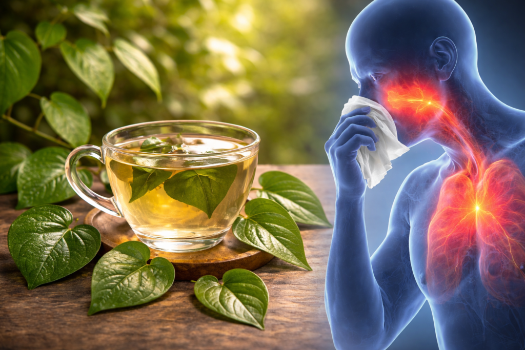 Na esquerda da imagem sobre uma mesa de madeira uma xícara de vidro com chá e ao redor folhas verdes brilhantes de guaco, na direita uma silhueta humana com destaque em vermelho para pulmões e garganta e com um lenço segurando com a mão no nariz para representar guaco para gripe e resfriado.