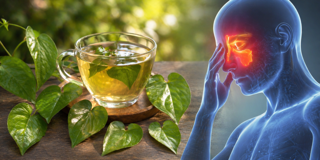 Na parte esquerda da imagem uma xícara de vidro com chá e ao redor folhas verdes brilhantes de guaco, na direita uma silhueta humana com destaque em vermelho para região da face e do nariz para representar se guaco para sinusite funciona mesmo.